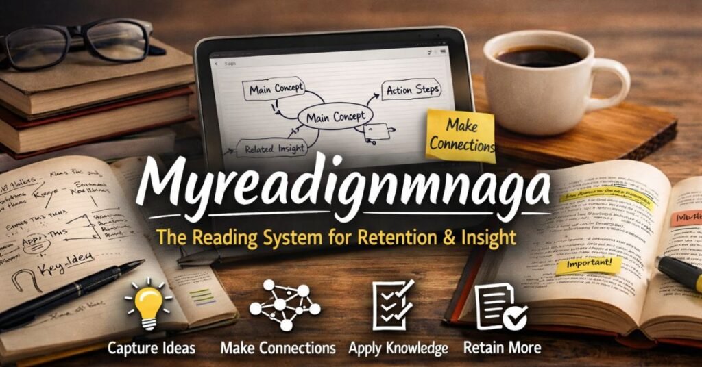 Myreadignmnaga reading system featured image showing books, notes, and a tablet illustrating how to capture ideas, make connections, apply knowledge, and retain insights.
