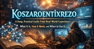 Featured image showing the title “Koszaroentixrezo: A Deep, Practical Guide From Real-World Experience” over a futuristic scene with a glowing neural network, an open book filled with symbols, and a hooded analyst working at digital dashboards, representing advanced systems, analysis, and real-world application.